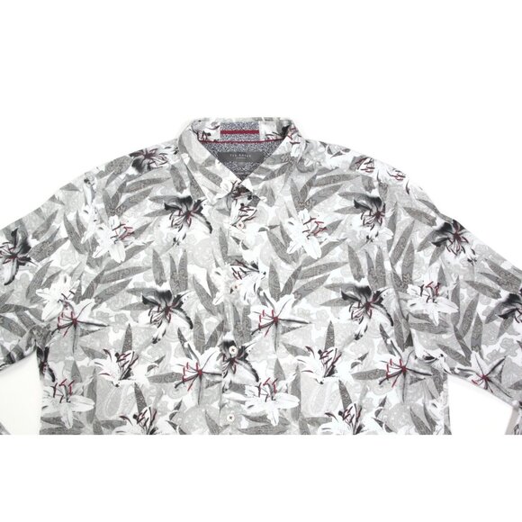 Ted Baker Mens Long Sleeve Shirt Grey White Floral size 17 Fashion Fit - 944 - Picture 3 of 4